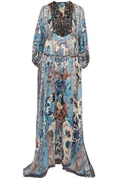 Shop Roberto Cavalli Lace-up Bead-embellished Printed Silk-georgette Maxi Dress In Blue