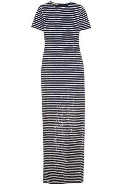Shop Michael Kors Woman Striped Sequined Silk Maxi Dress Navy