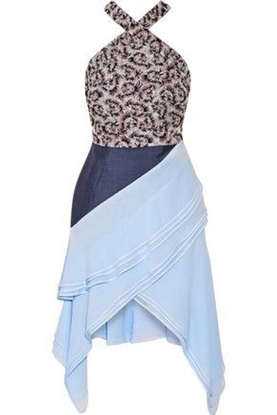 Shop Antonio Berardi Woman Asymmetric Poplin-paneled Brocade And Georgette Halterneck Dress Blue
