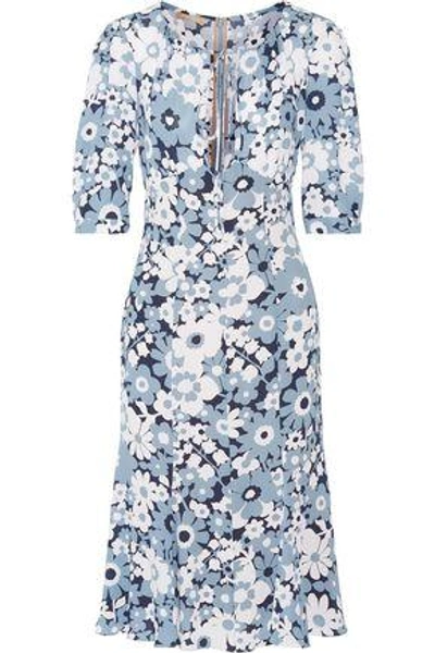 Shop Michael Kors Woman Fluted Floral-print Silk Dress Sky Blue