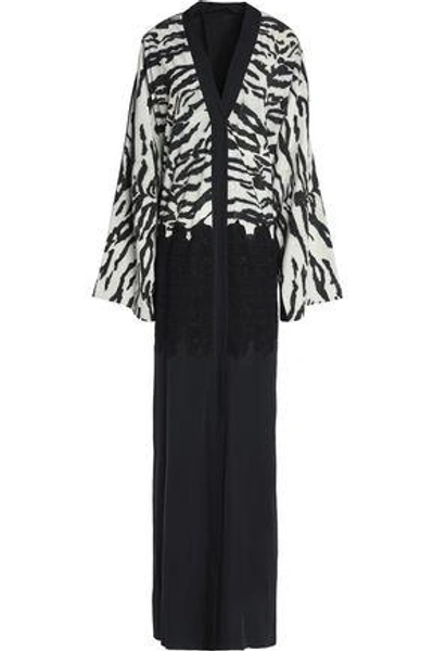 Shop Dolce & Gabbana Macramé Lace-paneled Zebra-print Silk-blend Gown In Black