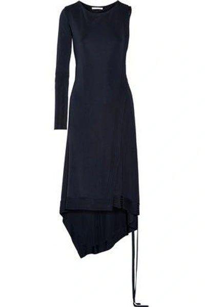 Shop Antonio Berardi Woman Asymmetric One-shoulder Stretch-knit Wrap Dress Navy