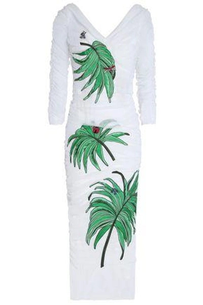 Shop Dolce & Gabbana Embellished Ruched Tulle Midi Dress In White