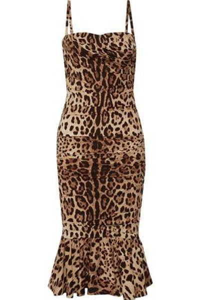Shop Dolce & Gabbana Ruched Leopard-print Silk-cady Midi Dress In Animal Print
