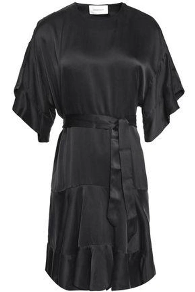 Shop Zimmermann Ruffle-trimmed Belted Silk-satin Dress In Black