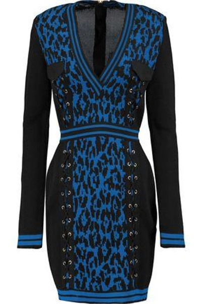 Shop Balmain Lace-up Leopard-jacquard Mini Dress In Black