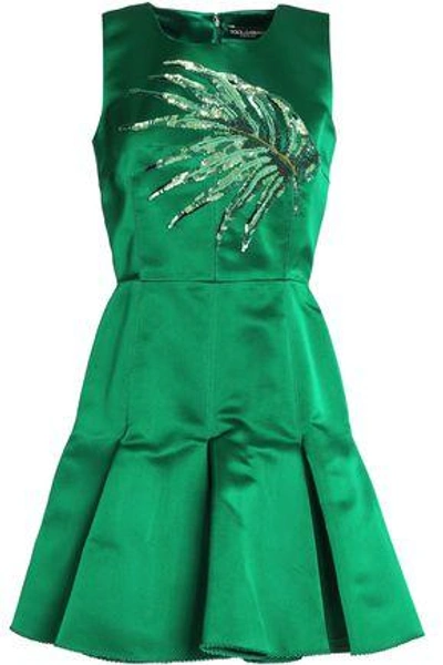 Shop Dolce & Gabbana Woman Embellished Pleated Silk-satin Mini Dress Green