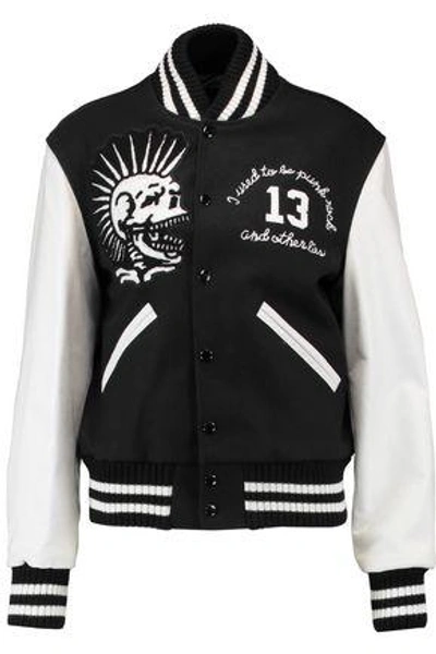 Shop R13 Woman Vintage Varsity Leather-paneled Embroidered Wool-blend Jacket Black