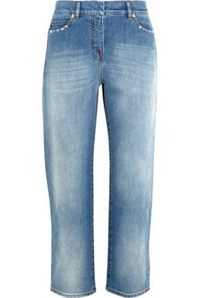 Shop Valentino Woman Studded Cropped Mid-rise Boyfriend Jeans Mid Denim