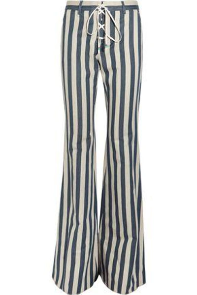 Shop Roberto Cavalli Woman Striped High-rise Flared Jeans Light Denim