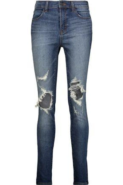 Shop J Brand Woman Maria High-rise Distressed Skinny Jeans Mid Denim