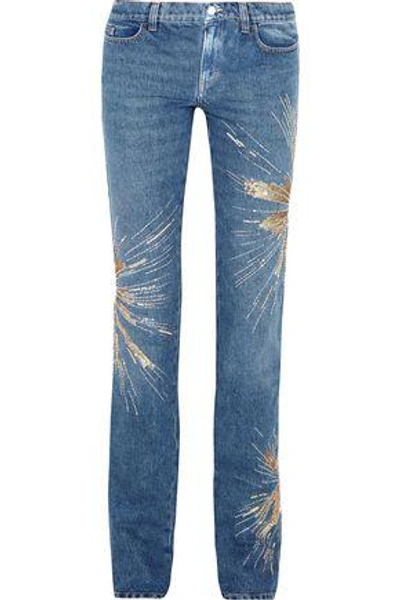 Shop Attico Woman Ava Embellished Low-rise Slim-leg Jeans Mid Denim