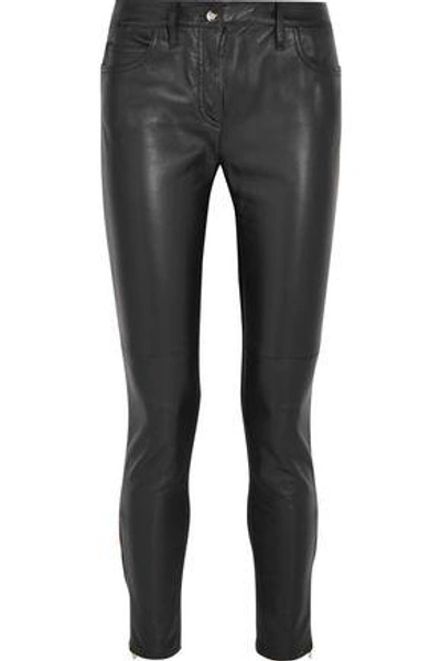 Shop Versace Woman Leather And Stretch-jersey Mid-rise Skinny Jeans Black