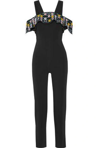Shop Peter Pilotto Woman Off-the-shoulder Embroidered Stretch-cady Jumpsuit Black
