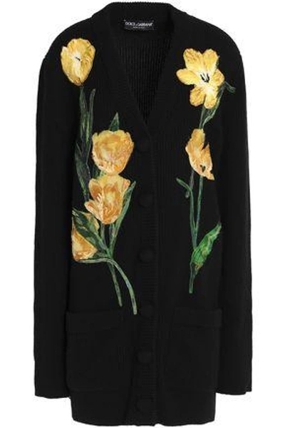 Shop Dolce & Gabbana Floral-appliquéd Ribbed Cashmere-blend Cardigan In Black