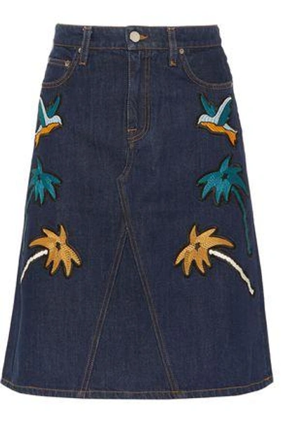 Shop Victoria Victoria Beckham Embroidered Denim Skirt In Dark Denim