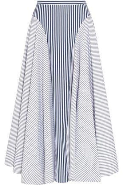 Shop Adam Lippes Woman Asymmetric Striped Cotton-poplin Midi Skirt Midnight Blue