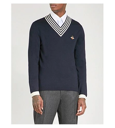 Shop Gucci Bee-embroidered Knitted Wool Sweater In Navy White