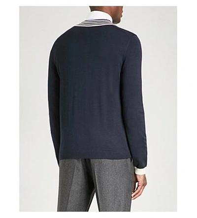 Shop Gucci Bee-embroidered Knitted Wool Sweater In Navy White