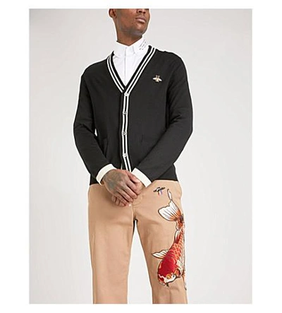 Shop Gucci Bee-embroidered Knitted Wool Cardigan In Black White