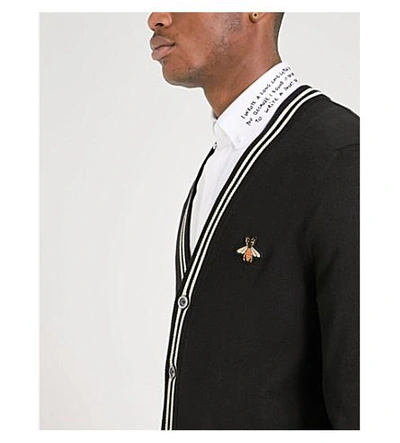 Shop Gucci Bee-embroidered Knitted Wool Cardigan In Black White