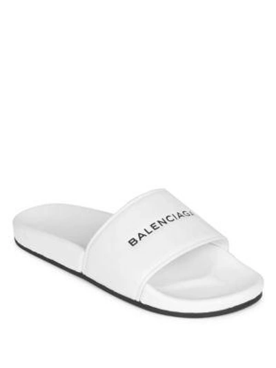 Shop Balenciaga Signature Leather Slides In White Black