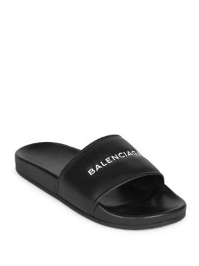 Shop Balenciaga Signature Leather Slides In Black White