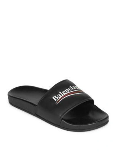 Shop Balenciaga Leather Campaign Logo Slides In Black Multi