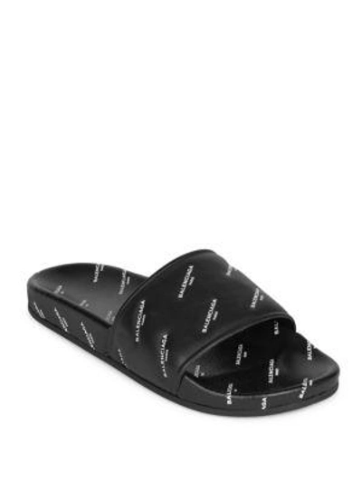 Shop Balenciaga Allover Leather Logo Slides In Black Natural