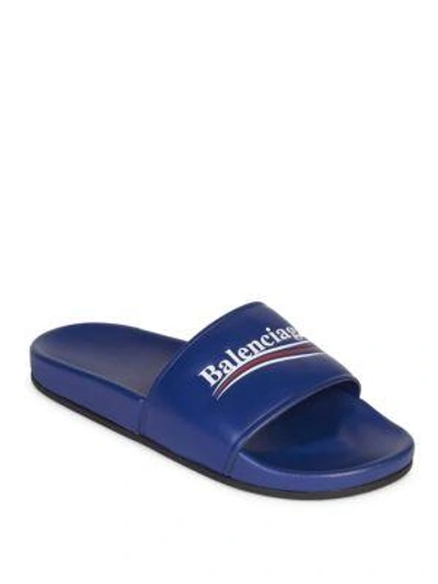 Shop Balenciaga Leather Campaign Logo Slides In Blue