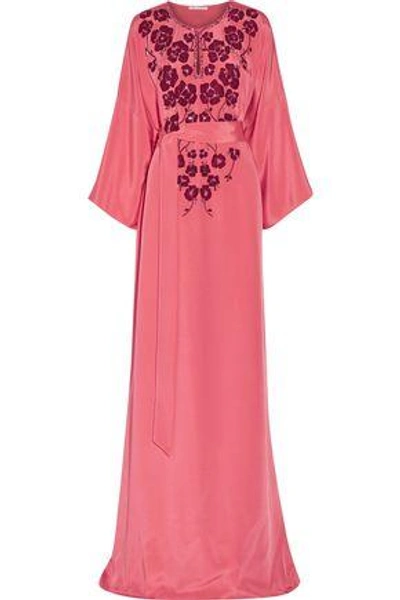 Shop Oscar De La Renta Woman Belted Embellished Silk Crepe De Chine Gown Pink
