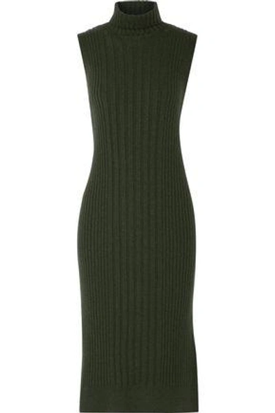 Shop Maison Margiela Woman Ribbed-knit Turtleneck Midi Dress Army Green