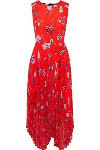 Shop Markus Lupfer Woman Pleated Printed Chiffon Midi Dress Red