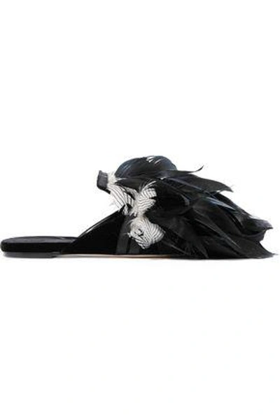 Shop Sanayi313 Cigno Feather-embellished Velvet Slippers In Black