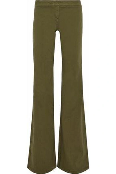 Shop Balmain Woman Low-rise Cotton-blend Twill Flared Pants Army Green