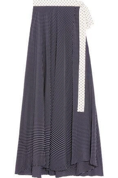 Shop Alexis Woman Corinna Wrap-effect Polka-dot Satin Maxi Skirt Midnight Blue