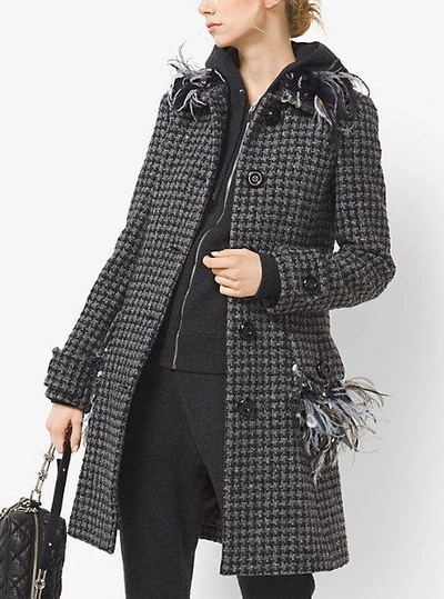 Shop Michael Kors Feather-embroidered Houndstooth Tweed Coat In Grey
