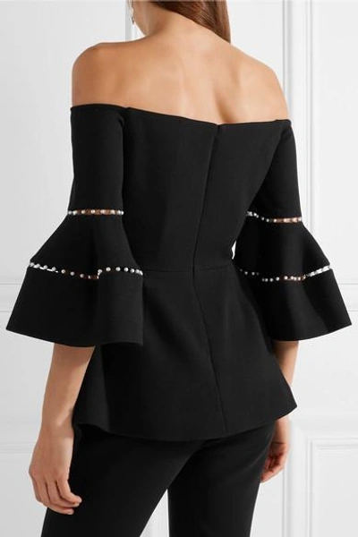 Shop Lela Rose Off-the-shoulder Faux Pearl-embellished Wool-blend Crepe Top In Black