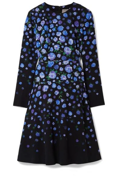 Shop Lela Rose Floral-print Crepe Dress In Purple