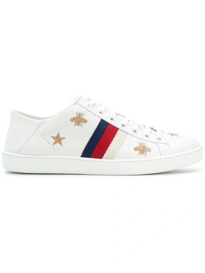 Gucci Ace Embroidered Leather Collapsible-heel Sneakers In Gold Tone,white  | ModeSens