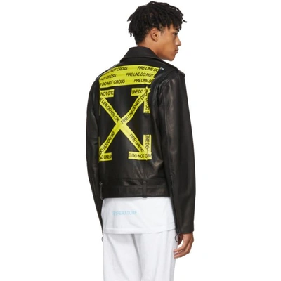 Shop Off-white Black Leather Firetape Biker Jacket In Blk/yellow