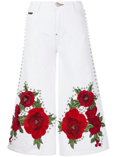Shop Philipp Plein Embroidered And Studded Cropped Flare Jeans In White