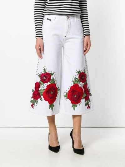 Shop Philipp Plein Embroidered And Studded Cropped Flare Jeans In White