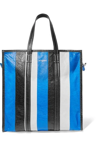 Shop Balenciaga Bazar Medium Striped Textured-leather Tote In Blue