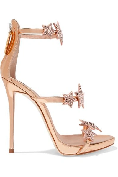 Shop Giuseppe Zanotti Coline Crystal-embellished Appliquéd Metallic Leather Sandals In Pink