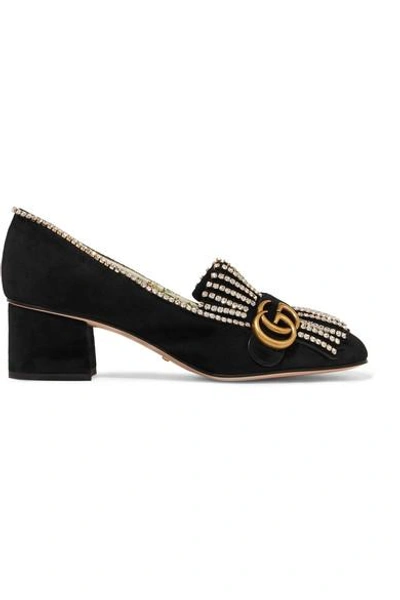 Shop Gucci Marmont Fringed Logo And Crystal-embellished Suede Pumps