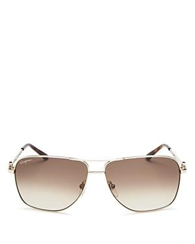 Shop Ferragamo Men's Gancio Aviator Sunglasses, 61mm In Gold/brown