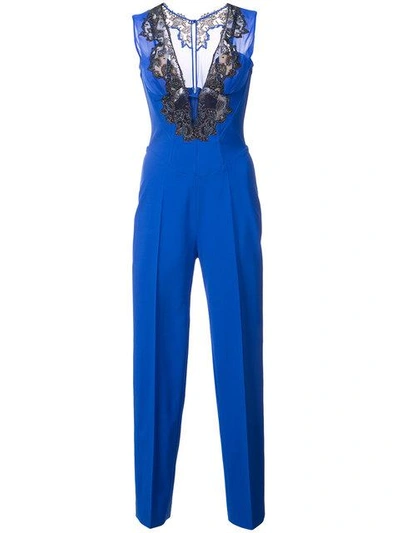 Shop La Perla Lace Detail Jumpsuit In Blue ,black