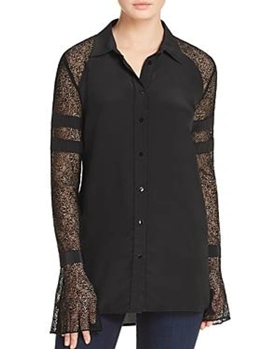 Shop Badgley Mischka Mixed Media Lace Sleeve Top In Black