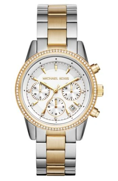 Shop Michael Kors Ritz Chronograph Bracelet Watch, 37mm In Silver/ White/ Gold